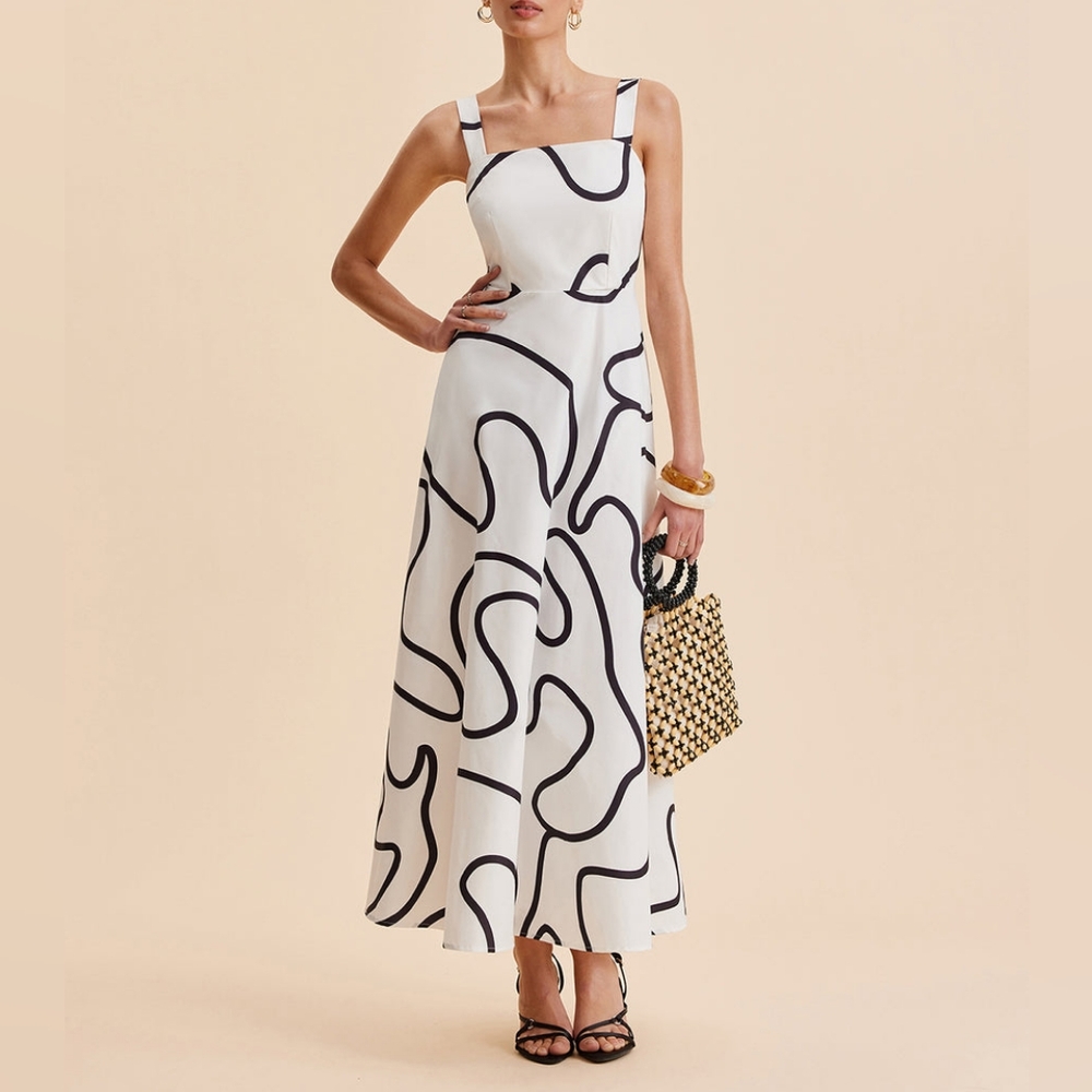 Commense Abstract Line Print Square Strap Dress Sz XS NWT